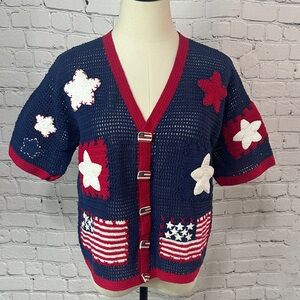 Vintage Patriotic Crochet Cardigan USA Flag Stars Ramie Cotton Sweater L